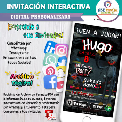 Huggy Wuggy, Poppy Playtime – Invitación Interactiva de Cumpleaños para WhatsApp