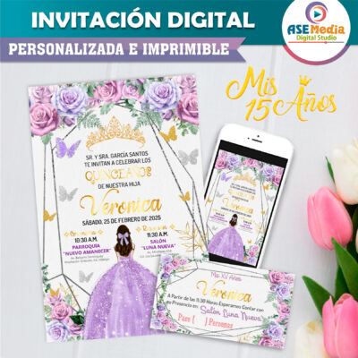 Mis XV Años, Lila con Plateado y Dorado Invitación Digital