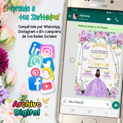 Mis XV Años, Lila con Plateado y Dorado Invitación Digital