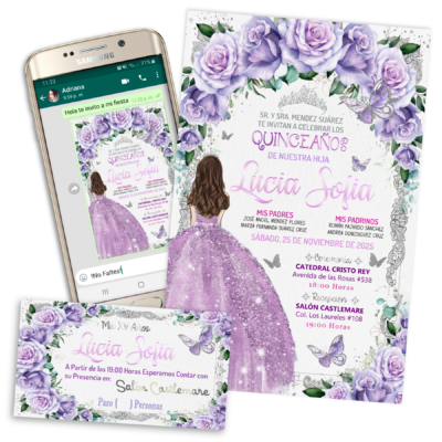 Mis XV Años, Floral con Púrpura y Lila Invitación Digital