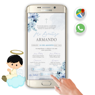 Mi Bautizo con Flores Azules – Invitación Interactiva para WhatsApp