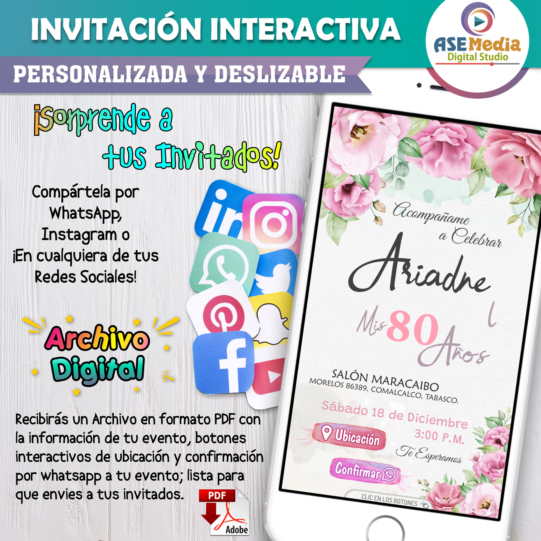 Mi Cumpleaños Floral en Rosa – Invitación Interactiva de Cumpleaños para WhatsApp