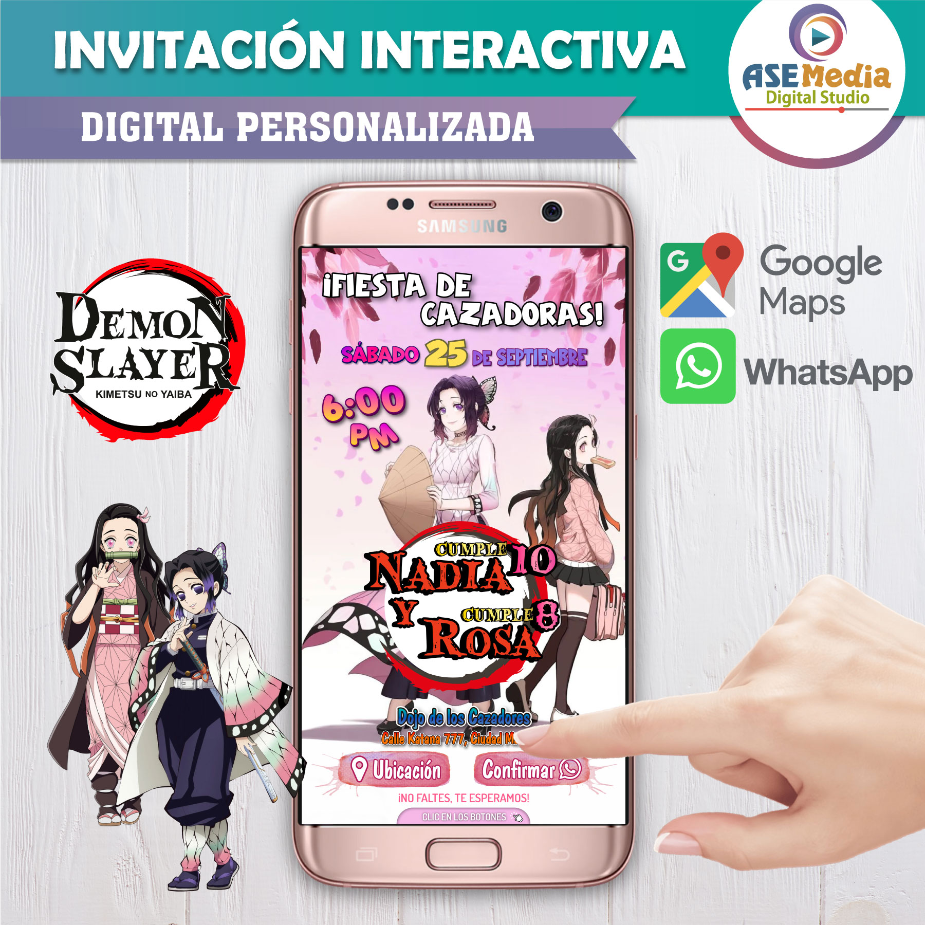 Demon Slayer, Nezuko y Shinobu – Invitación Interactiva de Cumpleaños para WhatsApp