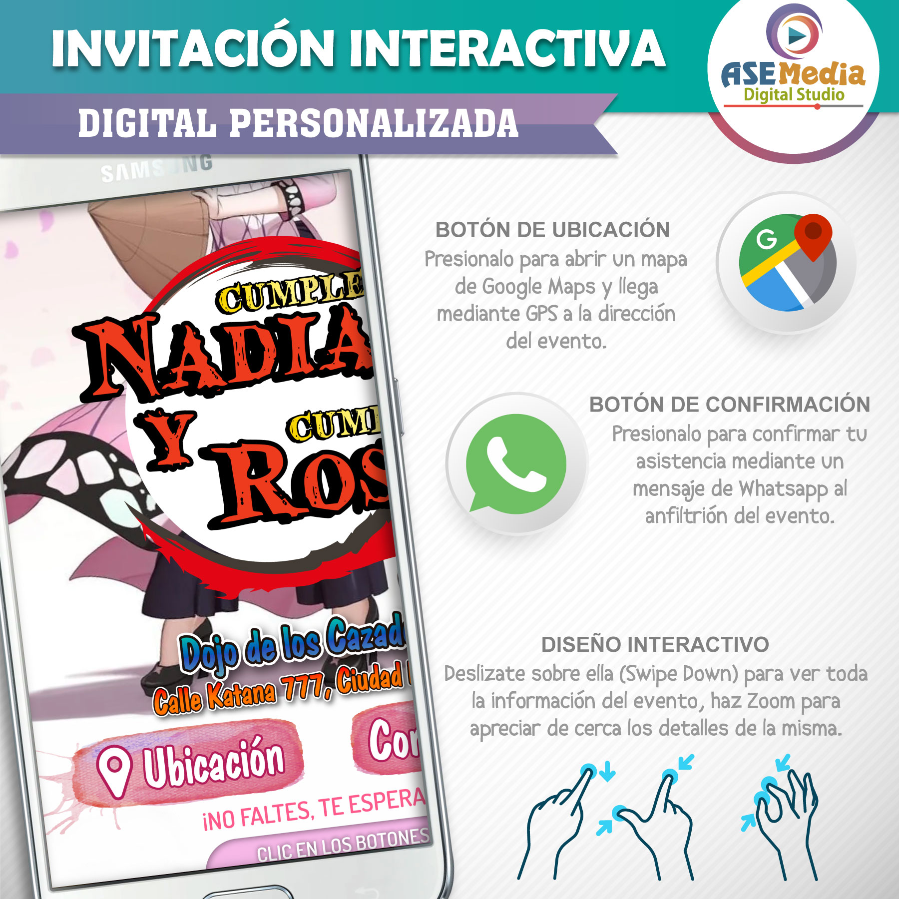 Demon Slayer, Nezuko y Shinobu – Invitación Interactiva de Cumpleaños para WhatsApp