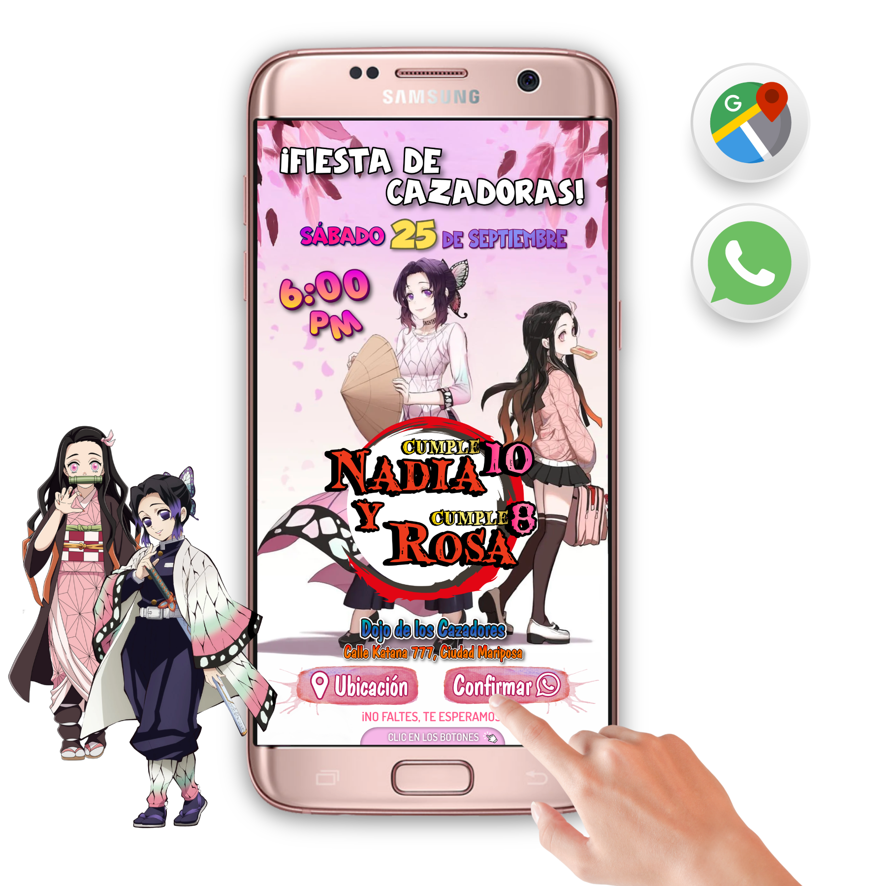 Demon Slayer, Nezuko y Shinobu – Invitación Interactiva de Cumpleaños para WhatsApp