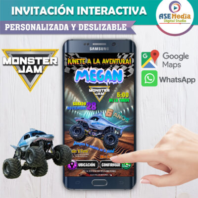 Monster Jam, Megalodon – Invitación Interactiva de Cumpleaños para WhatsApp