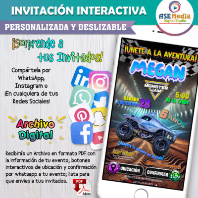 Monster Jam, Megalodon – Invitación Interactiva de Cumpleaños para WhatsApp