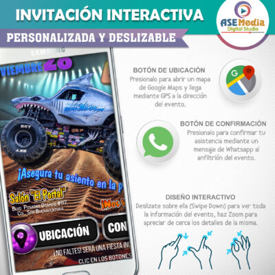 Monster Jam, Megalodon – Invitación Interactiva de Cumpleaños para WhatsApp