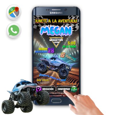 Monster Jam, Megalodon – Invitación Interactiva de Cumpleaños para WhatsApp