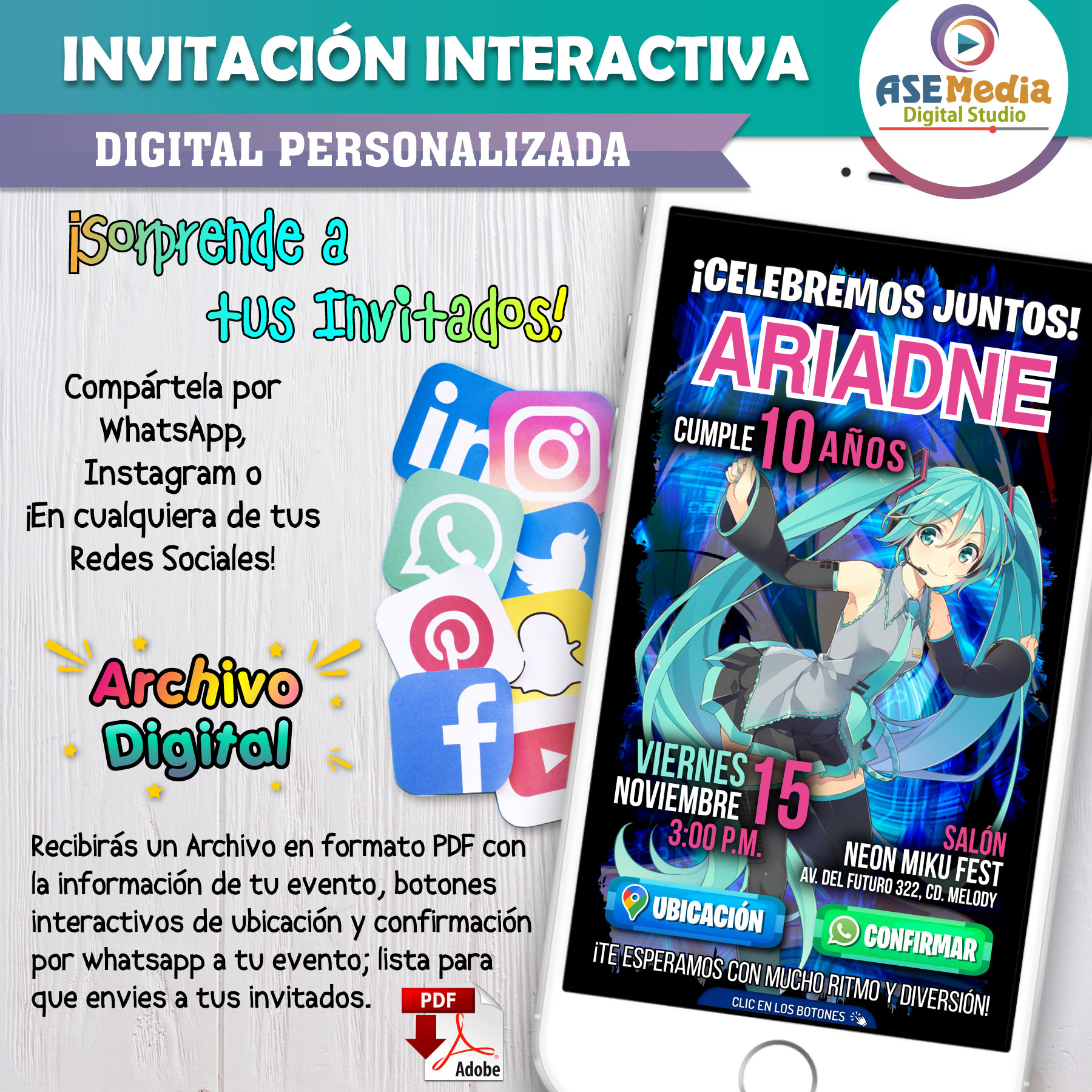 Hatsune Miku, Digital World – Invitación Interactiva de Cumpleaños para WhatsApp