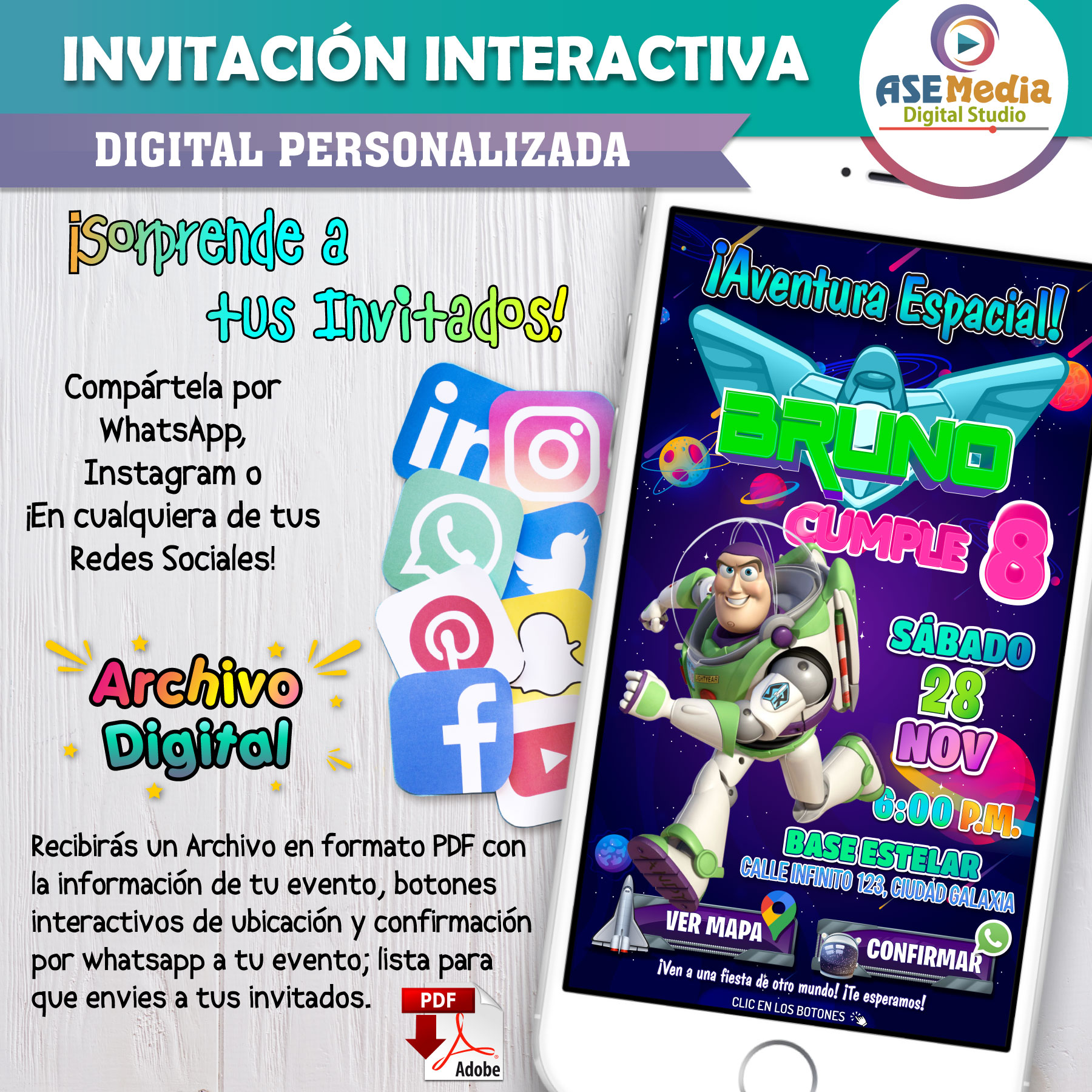 Toy Story, Buzz Lightyear – Invitación Interactiva de Cumpleaños para WhatsApp