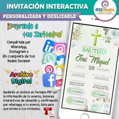 Mi Bautizo Verde con Blanco Floral – Invitación Interactiva para WhatsApp
