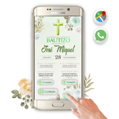 Mi Bautizo Verde con Blanco Floral – Invitación Interactiva para WhatsApp