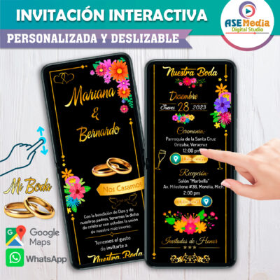 Mi Boda en Dorado y Blanco con Fondo Oscuro Invitación Interactiva para Boda