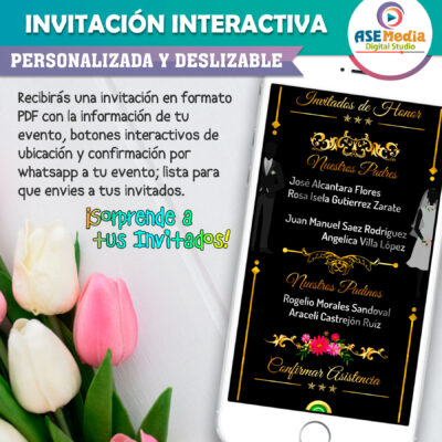 Mi Boda en Dorado y Blanco con Fondo Oscuro Invitación Interactiva para Boda
