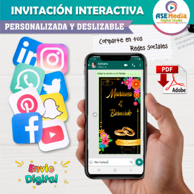 Mi Boda en Dorado y Blanco con Fondo Oscuro Invitación Interactiva para Boda