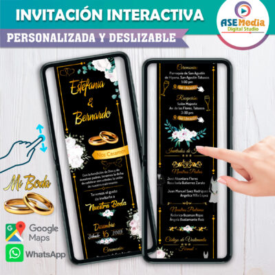 Mi Boda Dorado y Negro, Flores Verdes Invitación Interactiva para Boda