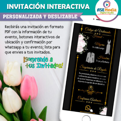 Mi Boda Dorado y Negro, Flores Verdes Invitación Interactiva para Boda