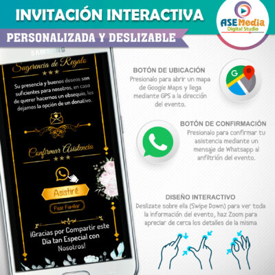 Mi Boda Dorado y Negro, Flores Verdes Invitación Interactiva para Boda