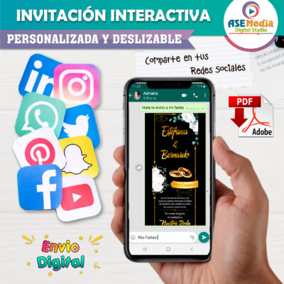 Mi Boda Dorado y Negro, Flores Verdes Invitación Interactiva para Boda