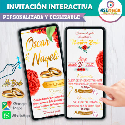 Mi Boda Dorado y Negro, Flores Verdes Invitación Interactiva para Boda