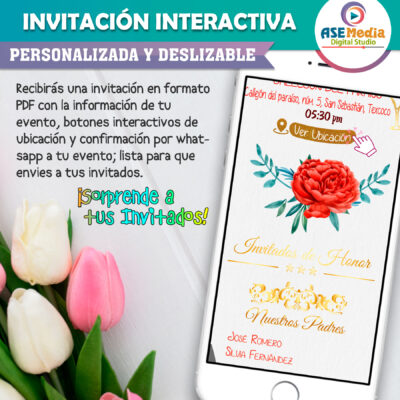 Mi Boda Dorado y Negro, Flores Verdes Invitación Interactiva para Boda