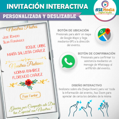 Mi Boda Dorado y Negro, Flores Verdes Invitación Interactiva para Boda
