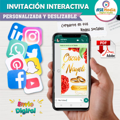 Mi Boda Dorado y Negro, Flores Verdes Invitación Interactiva para Boda