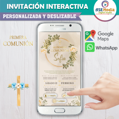 Mi Primera Comunión Floral en Rosa – Invitación Interactiva para WhatsApp