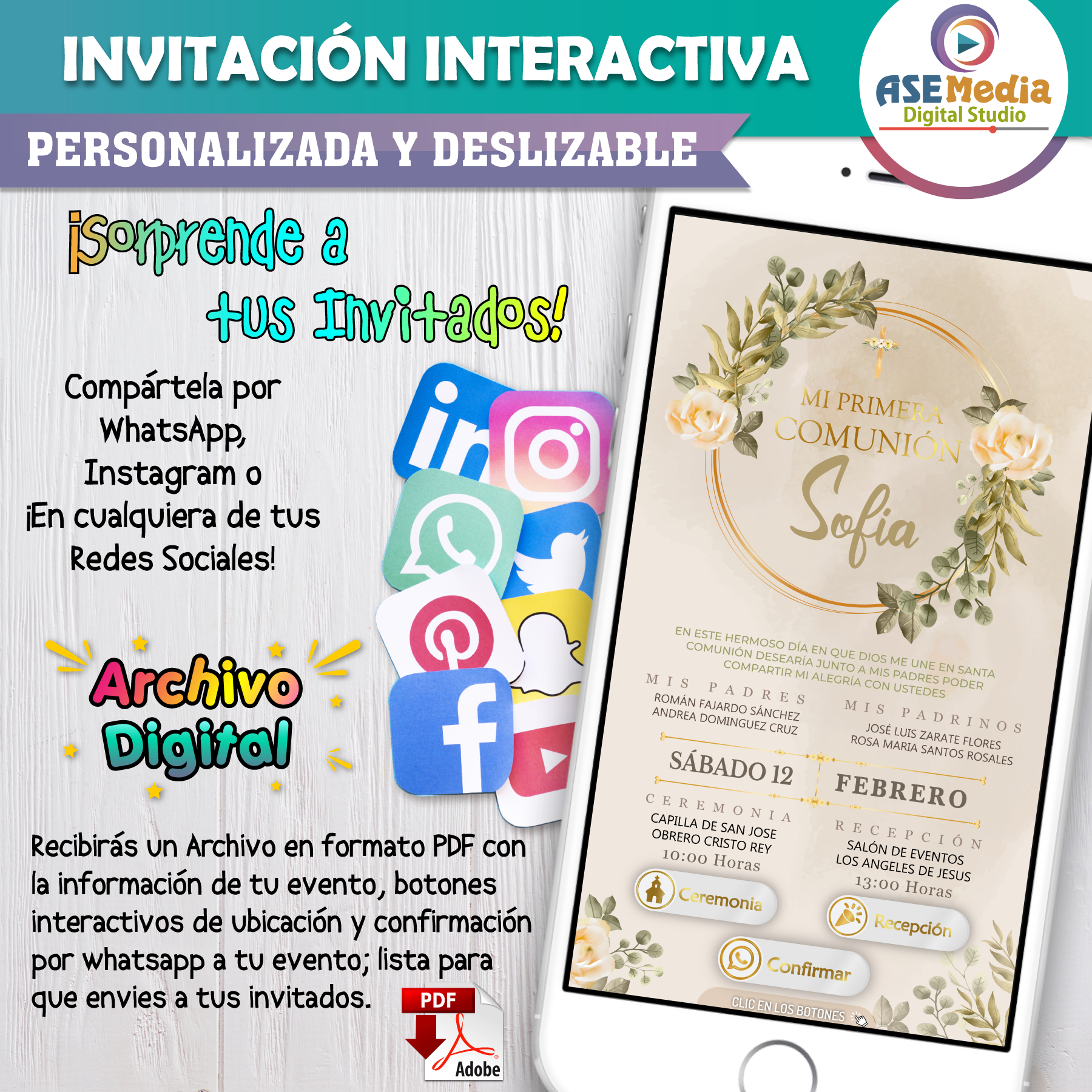 Mi Primera Comunión Floral en Rosa – Invitación Interactiva para WhatsApp