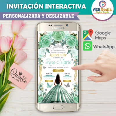 Mis XV Años Verde Esmeralda Con Plateado – Invitación Interactiva de Cumpleaños para WhatsApp