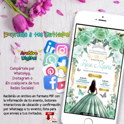 Mis XV Años Verde Esmeralda Con Plateado – Invitación Interactiva de Cumpleaños para WhatsApp