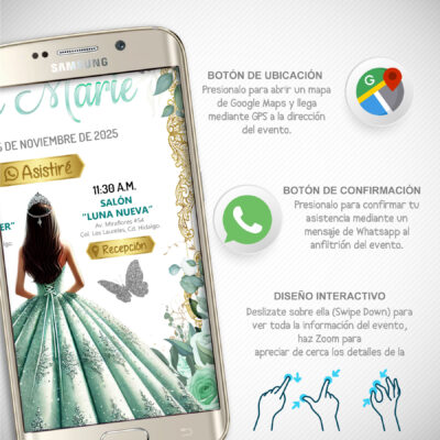 Mis XV Años Verde Esmeralda Con Plateado – Invitación Interactiva de Cumpleaños para WhatsApp