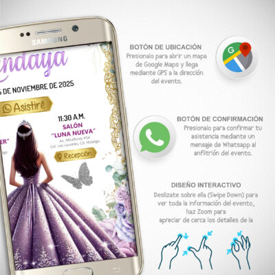 Mis XV Años en Morado – Invitación Interactiva de Cumpleaños para WhatsApp