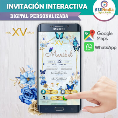 XV Años, Mariposas Azul Dorado – Invitación Interactiva de Cumpleaños para WhatsApp