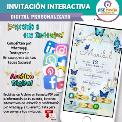 XV Años, Mariposas Azul Dorado – Invitación Interactiva de Cumpleaños para WhatsApp
