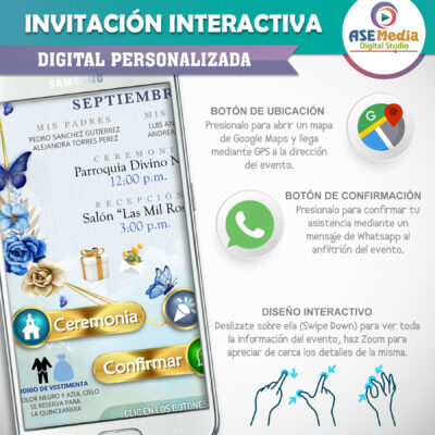 XV Años, Mariposas Azul Dorado – Invitación Interactiva de Cumpleaños para WhatsApp