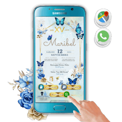 XV Años, Mariposas Azul Dorado – Invitación Interactiva de Cumpleaños para WhatsApp