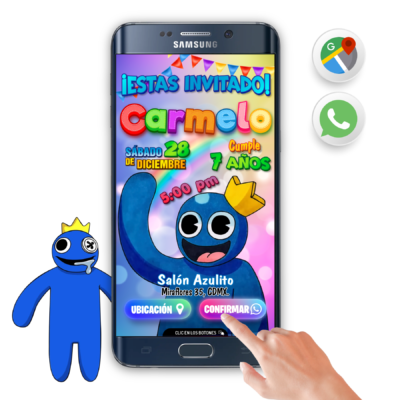 Blue, Rainbow Friends – Invitación Interactiva de Cumpleaños para WhatsApp