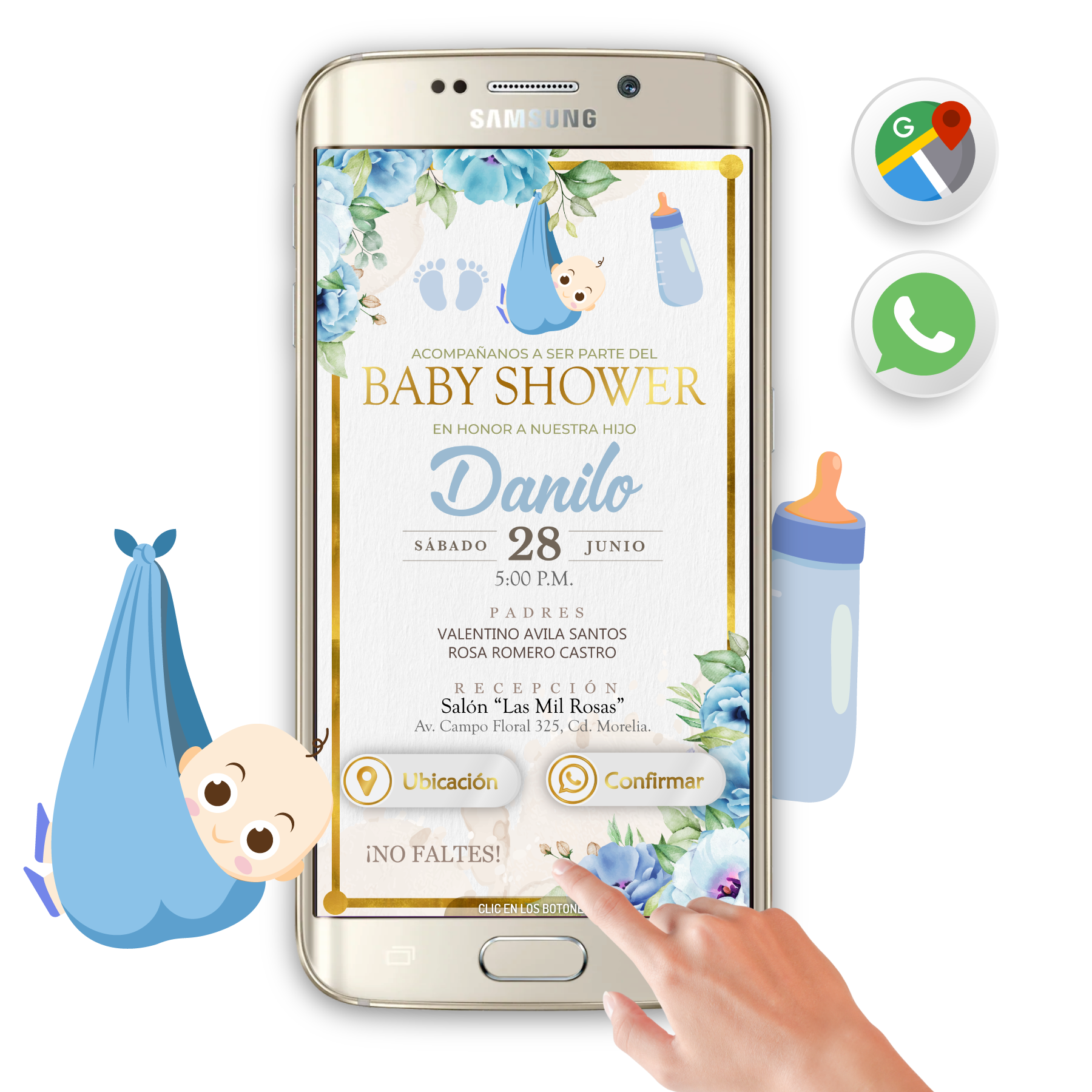 Baby Shower Azul Floral – Invitación Interactiva para WhatsApp