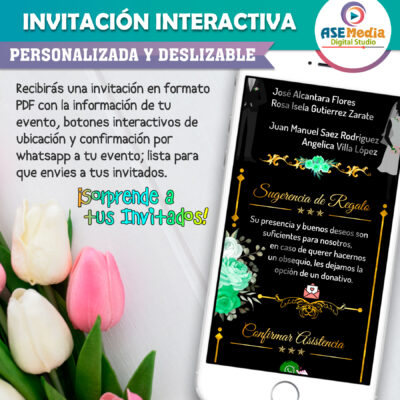 Mi Boda Dorado y Negro, Flores Verdes Invitación Interactiva para Boda
