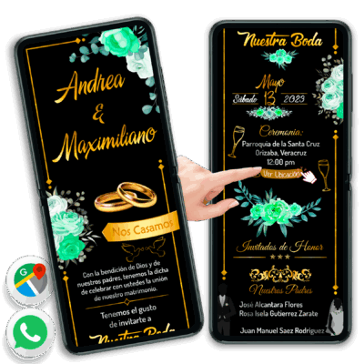 Mi Boda Dorado y Negro, Flores Verdes Invitación Interactiva para Boda