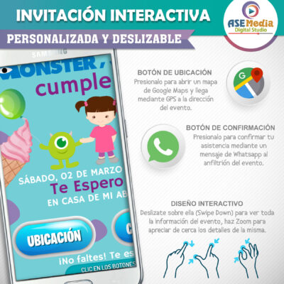 Monster Inc, Boo – Invitación Interactiva de Cumpleaños para WhatsApp