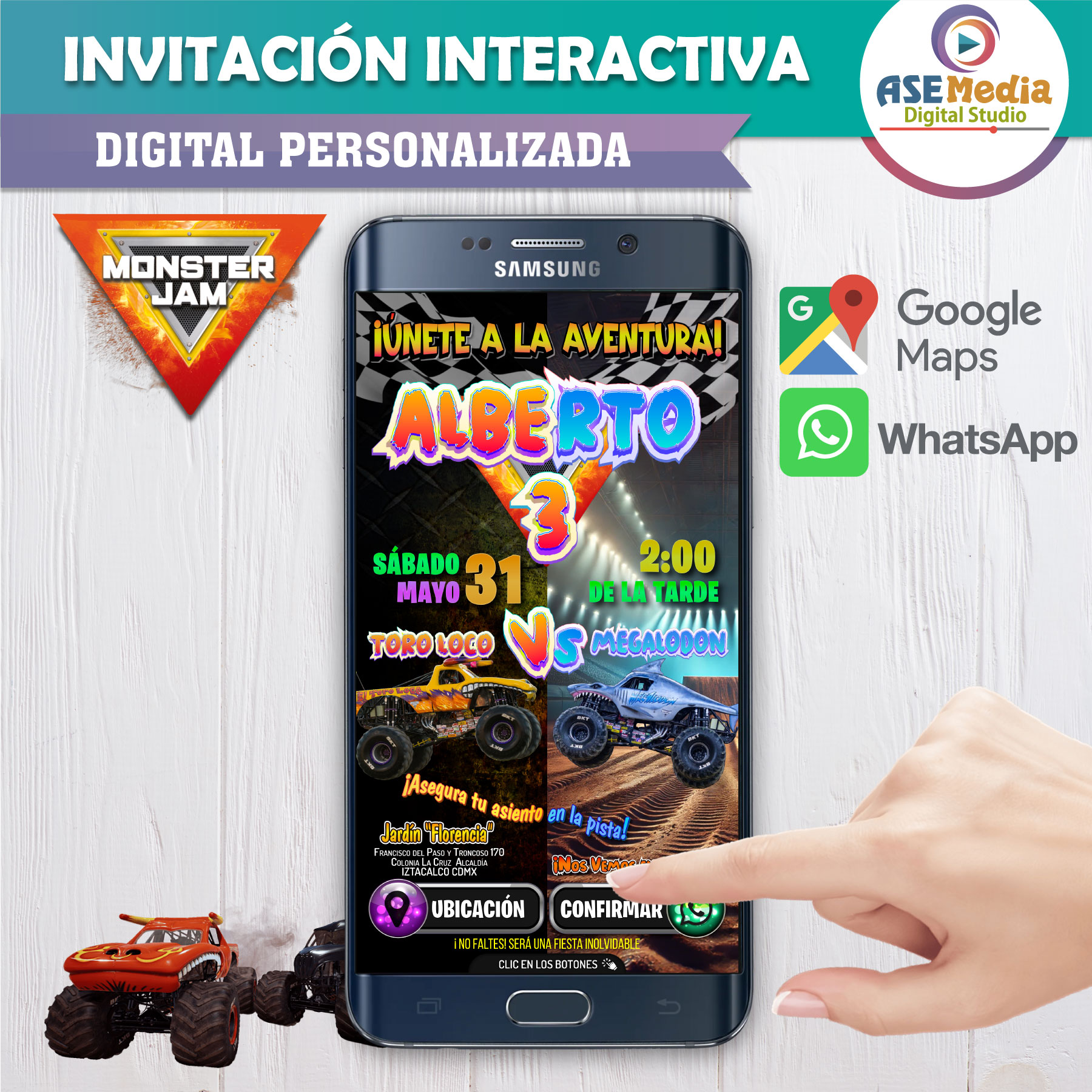 Monster Jam,Toro Loco Vs Megalodon – Invitación Interactiva de Cumpleaños para WhatsApp