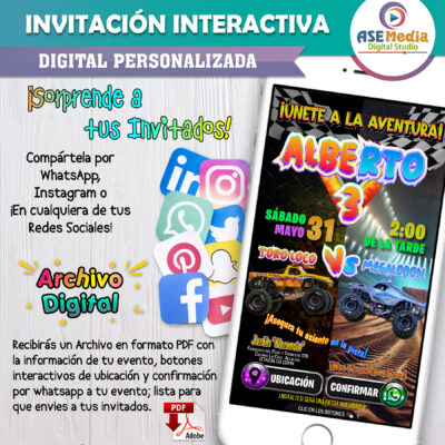 Monster Jam,Toro Loco Vs Megalodon – Invitación Interactiva de Cumpleaños para WhatsApp