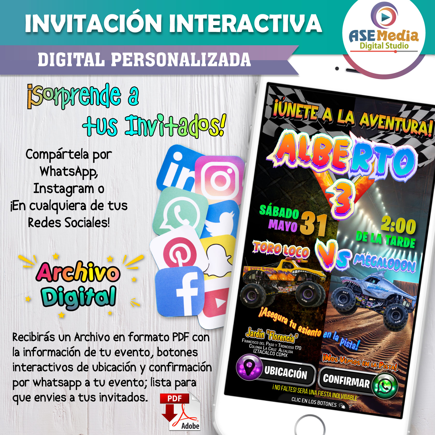 Monster Jam,Toro Loco Vs Megalodon – Invitación Interactiva de Cumpleaños para WhatsApp