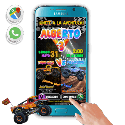 Monster Jam,Toro Loco Vs Megalodon – Invitación Interactiva de Cumpleaños para WhatsApp