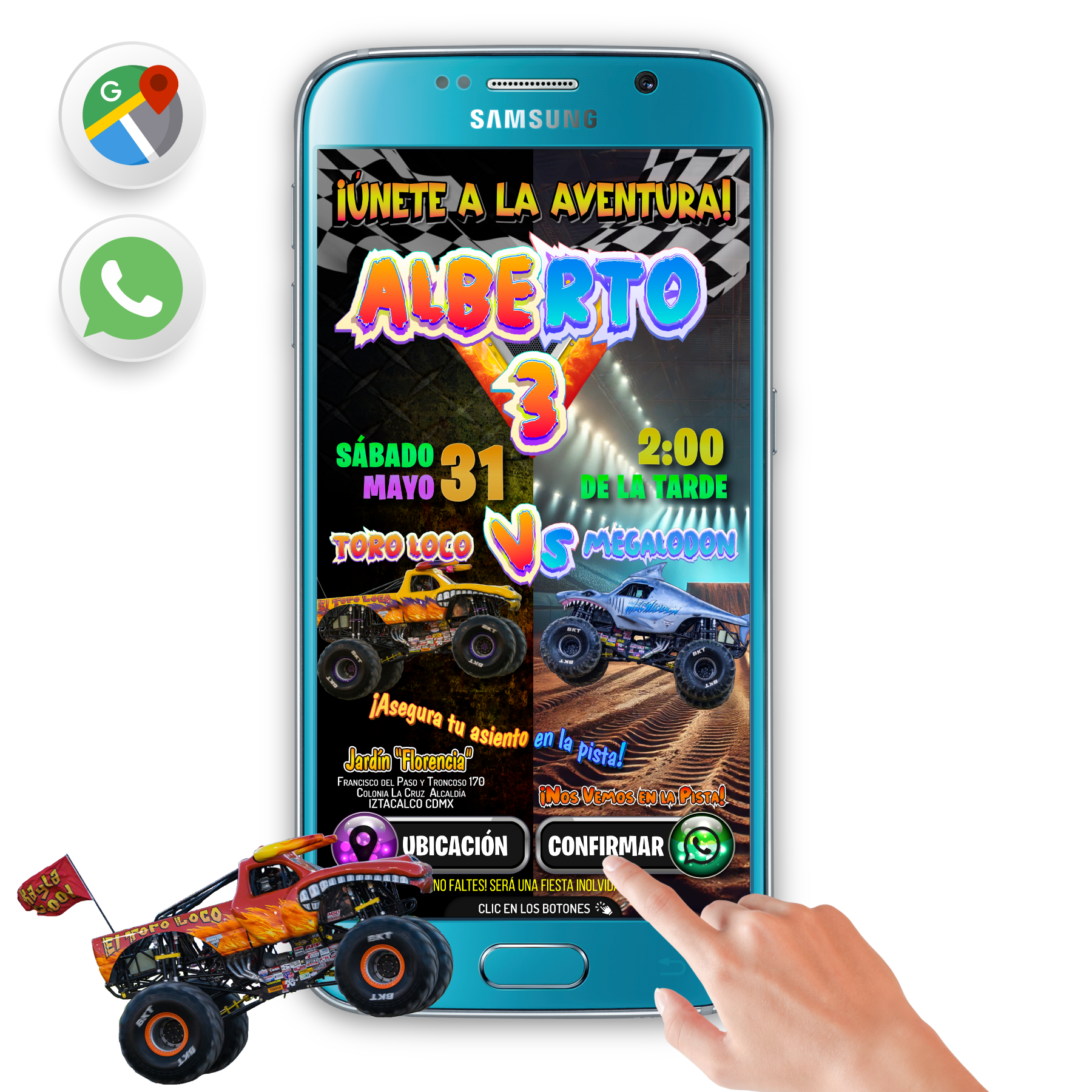 Monster Jam,Toro Loco Vs Megalodon – Invitación Interactiva de Cumpleaños para WhatsApp