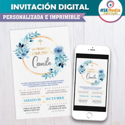 Mi Primera Comunión Azul Invitación Digital