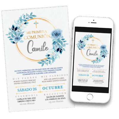 Mi Primera Comunión Azul Invitación Digital